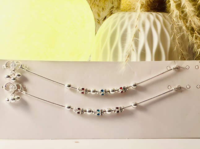 Multicolour Beads Silver Anklets Kids 1-5 yrs, Pure Silver (Pair) 21.25g